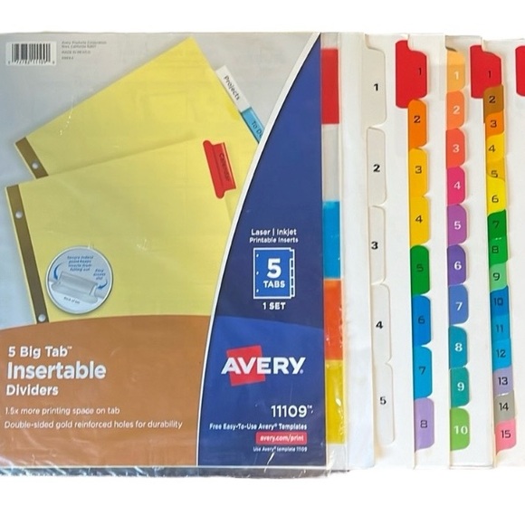 Avery Dividers 6 Sets 5 custom insertable tabs, numerical tabs 5, 8, 10, 15, 31 - Picture 1 of 5
